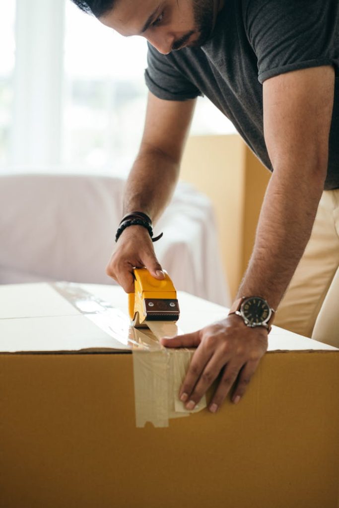 Side view of concentrated crop ethnic male sticking cardboard box with tape during preparing for moving in house at daytime